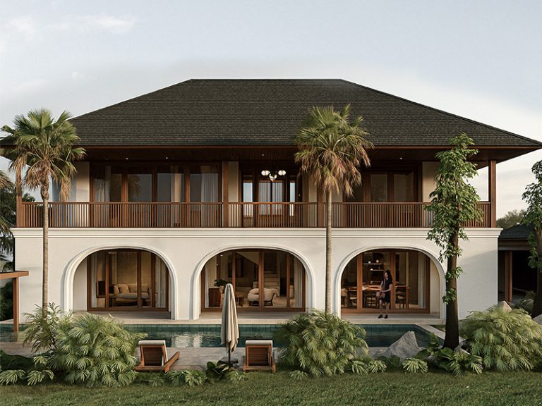 Modern tropical private house design in Sanur, Bali by Kawista Design & Build – timeless architecture with wide openings, long pool, and natural tropical ambiance.