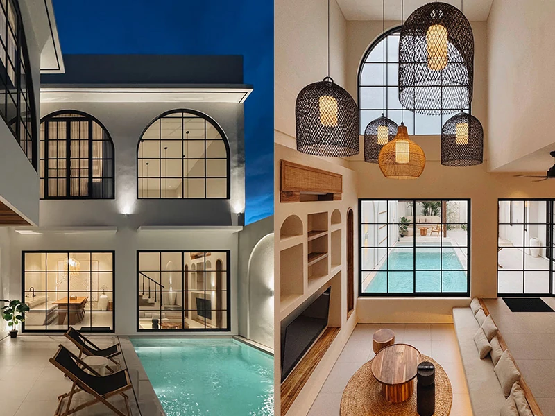 Mediterranean modern villa interior in Bali – warm minimalist bedroom with wood accents, soft lighting, and arched details by Kawista Design & Build.